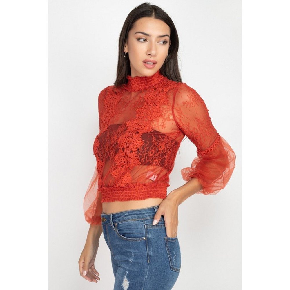 Lace Trim Balloon Sleeve Smocked Top - Picture 3 of 8